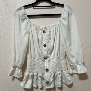 meraki Ivory Button-Front Smocked Peasant Top